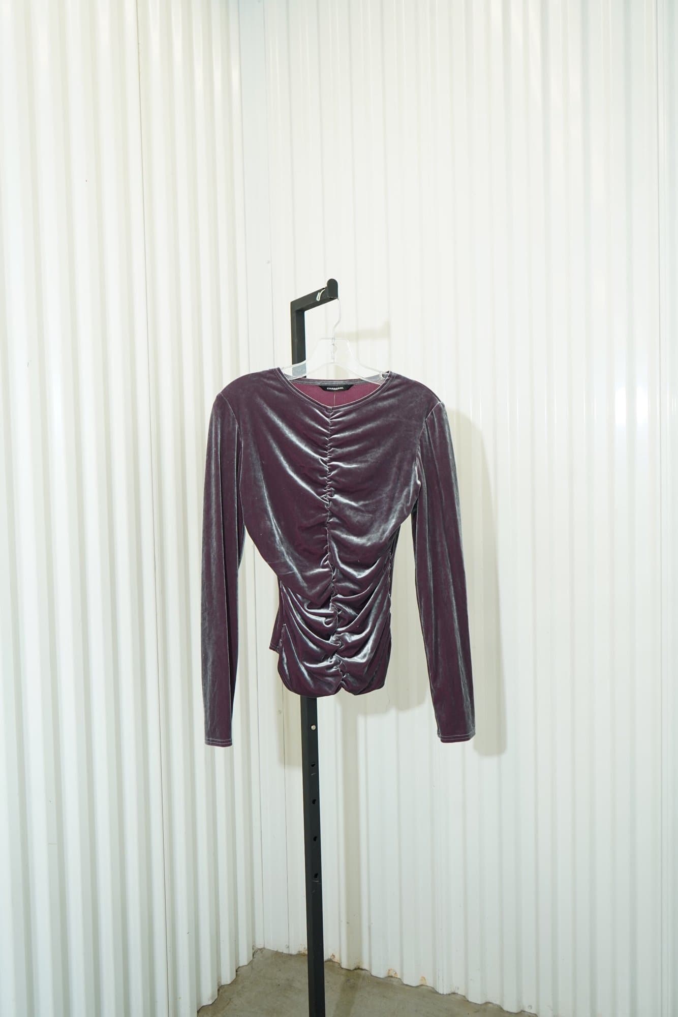 Y2K Charcoal Velvet ruched mauve iridescent long sleeve-top