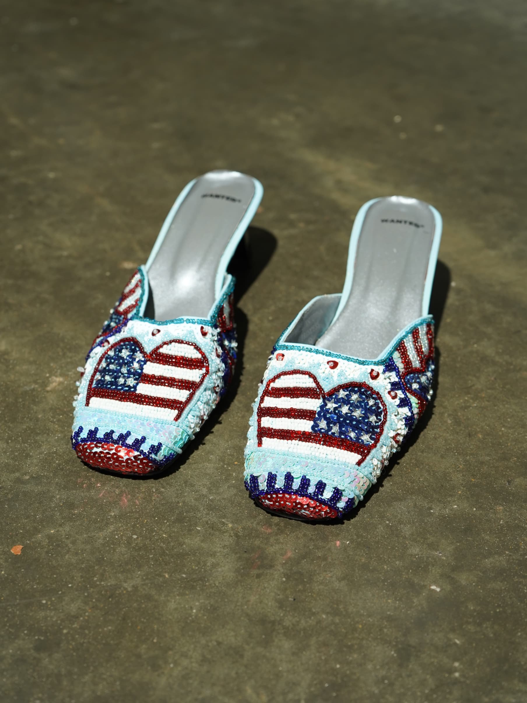 Wanted Americana Crystal Beaded Flag Heart Flat Mule