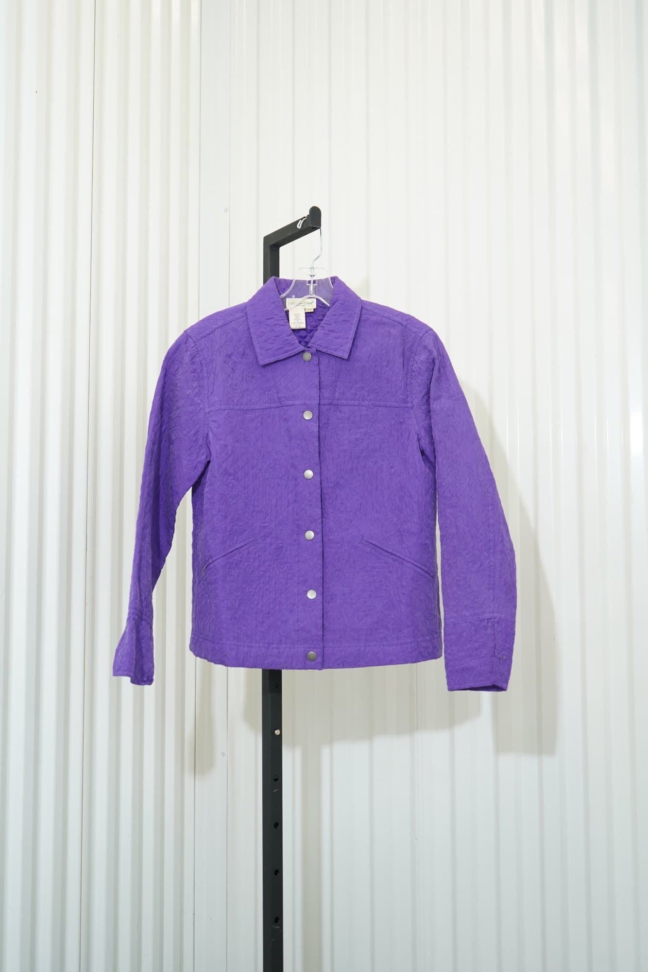 1990s Coldwater Creek 100% silk shell purple quilted snap-front jacket