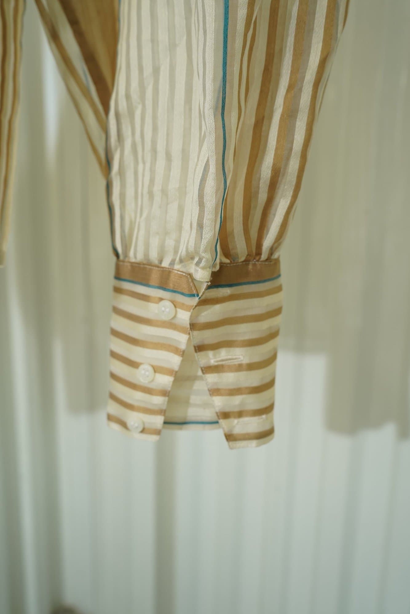 MALBE 1970s Mable Gold/Cream Sheer Striped Pesant Sleeve Tie Neck Blouse