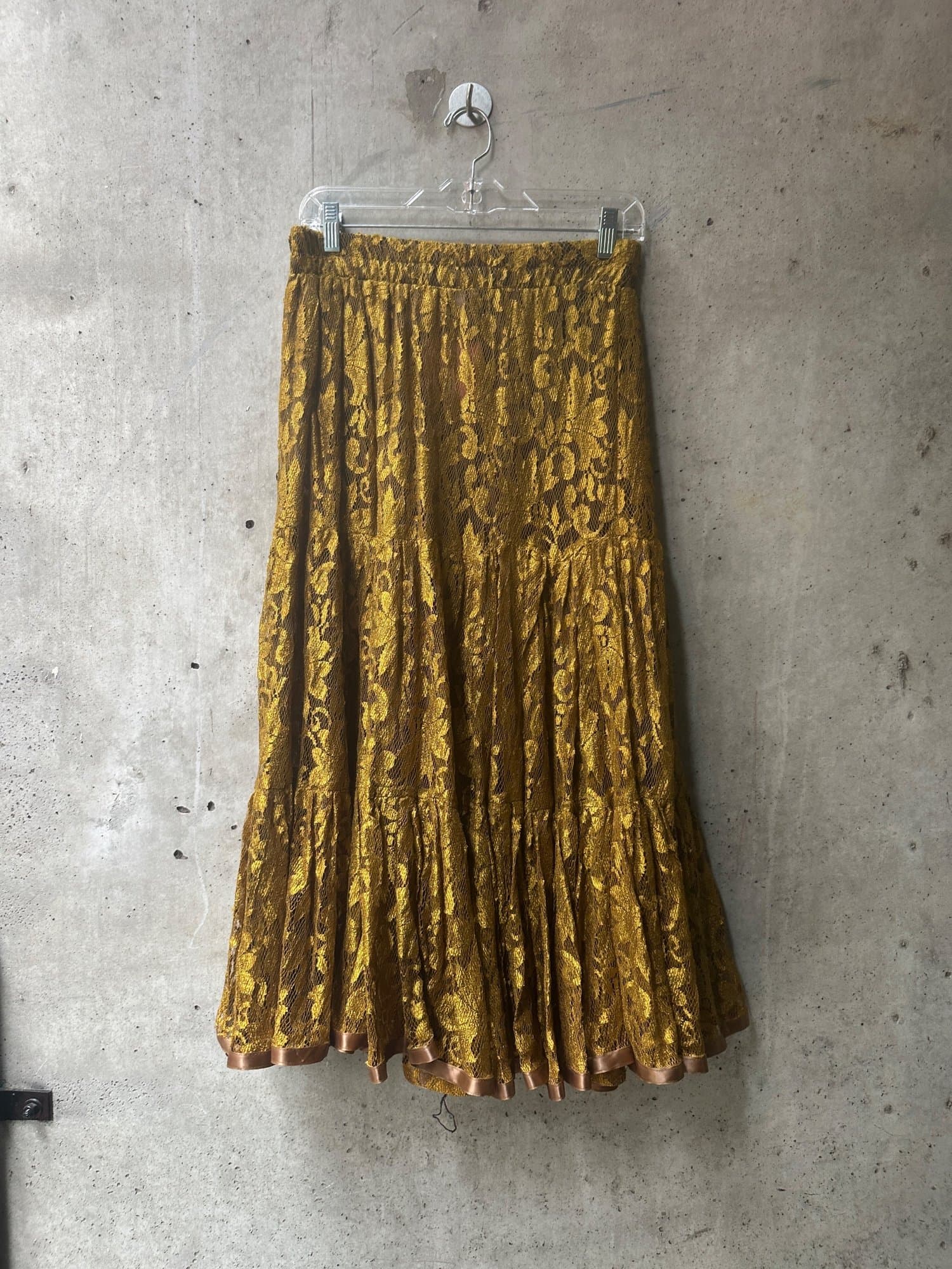 1980s-2000s Lace by Conné Carlton Mustard Lace Tiered Maxi Skirt