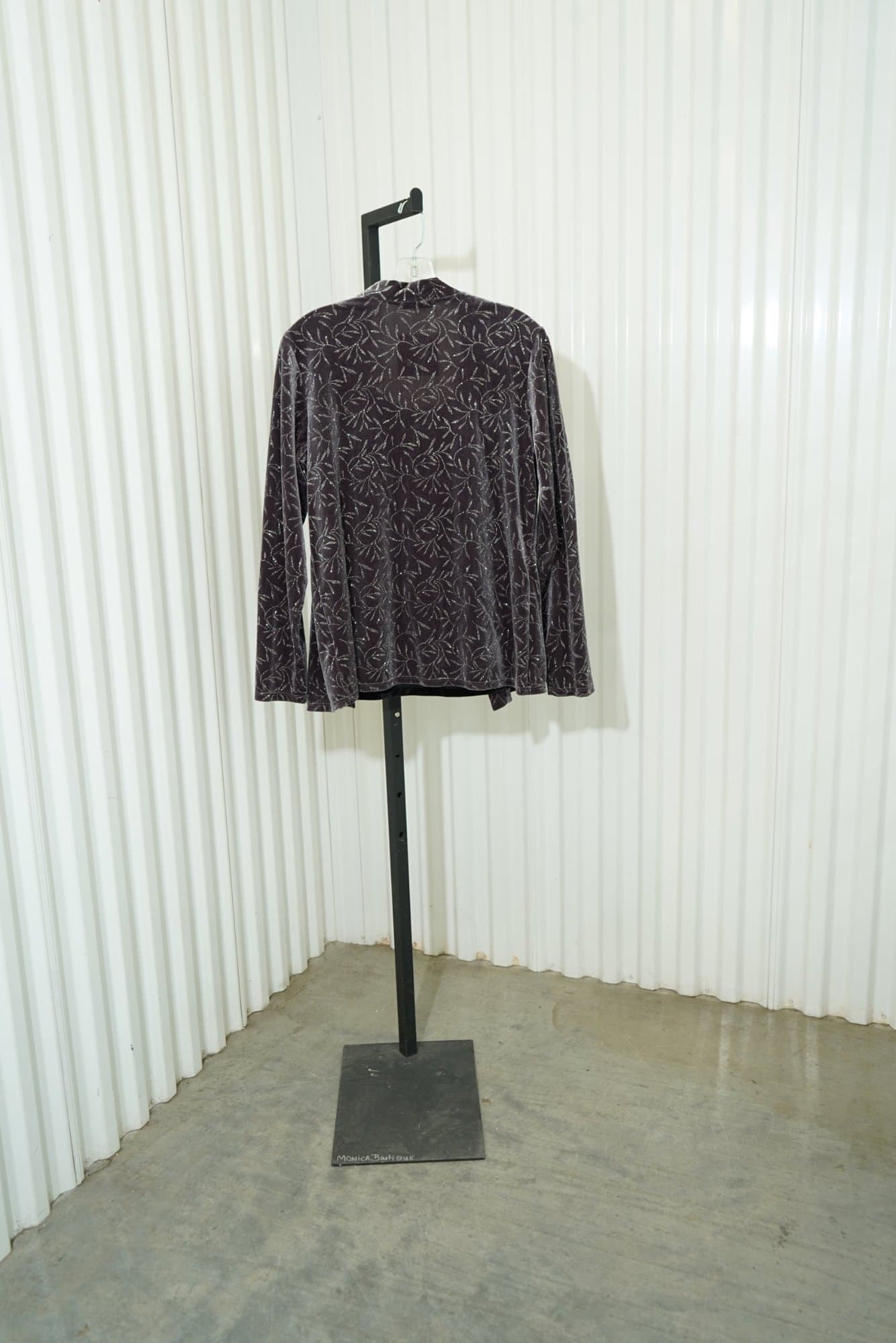 90s Notations Charcoal Silver Leaf Foil Velvet Open Cardigan